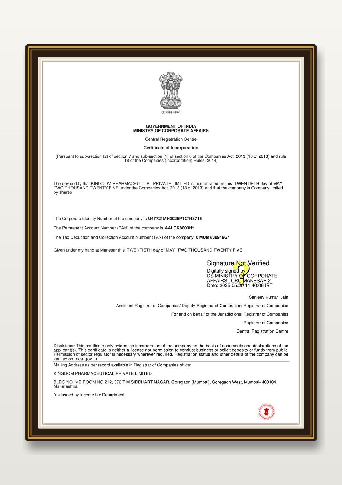 Certificate of Incorporation (India)