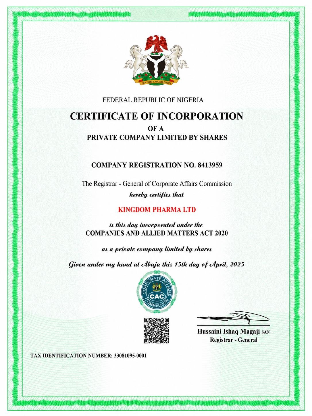 Certificate of Incorporation (Nigeria)